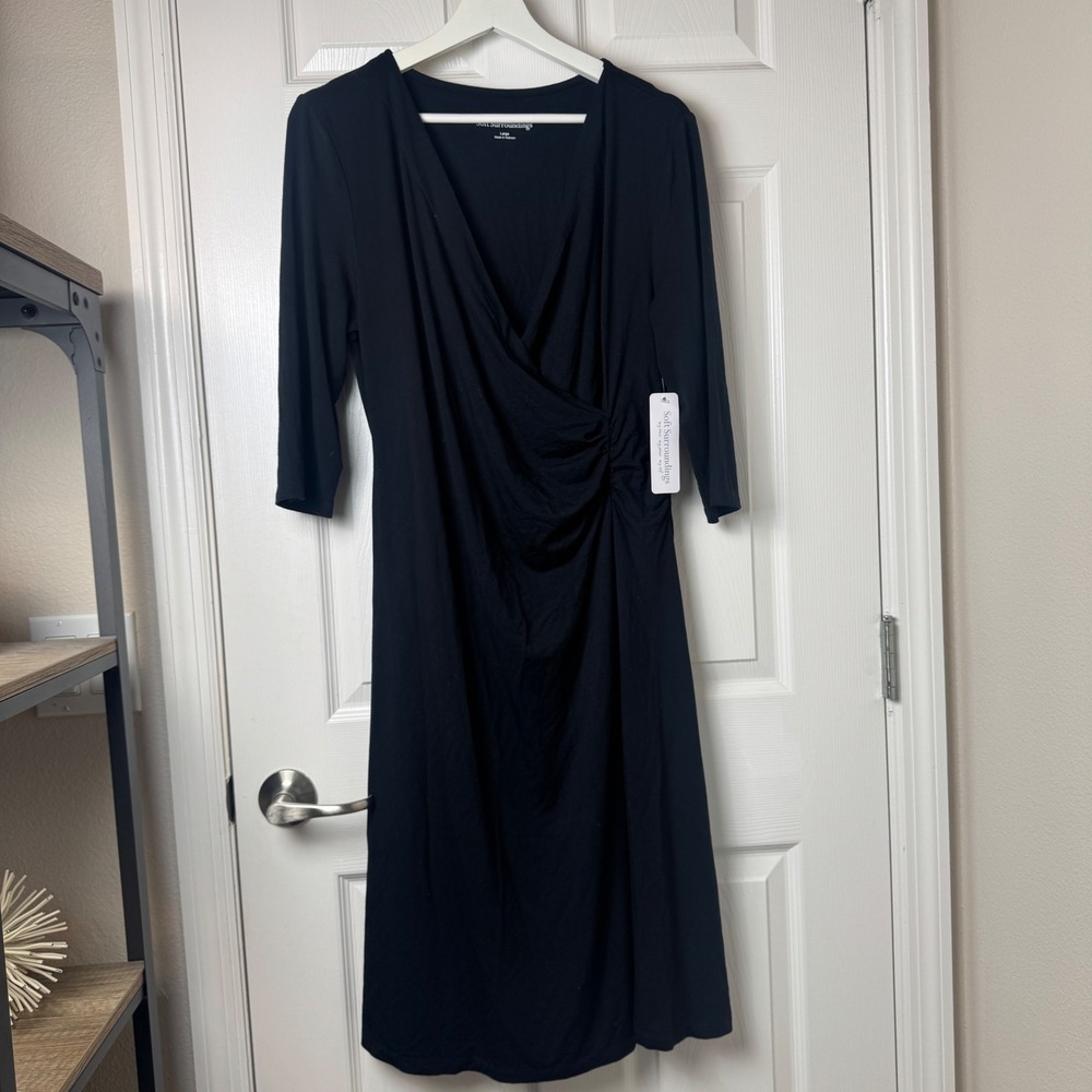 Soft Surroundings Faux Wrap MIDI Dress Large Regular Black Ruched Side New